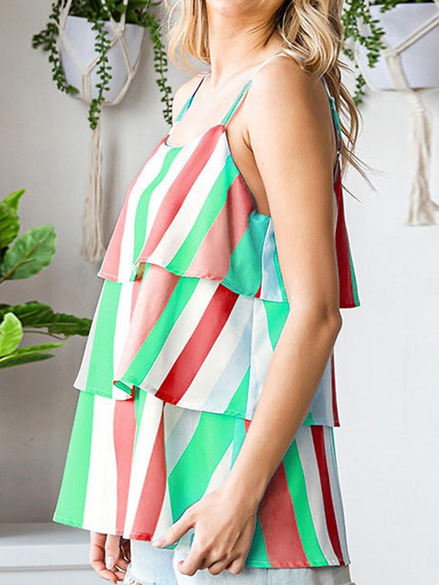 Débardeur Femme à Bretelles Débardeur Mode Streetwear Moderne Rayé Volant Imprimé Superposé Sans Manches Tops Réguliers Col V Décontracté Plage Jaune Violet Fuchsia Orange Vert Été de 2025 ? $18.99 –P14