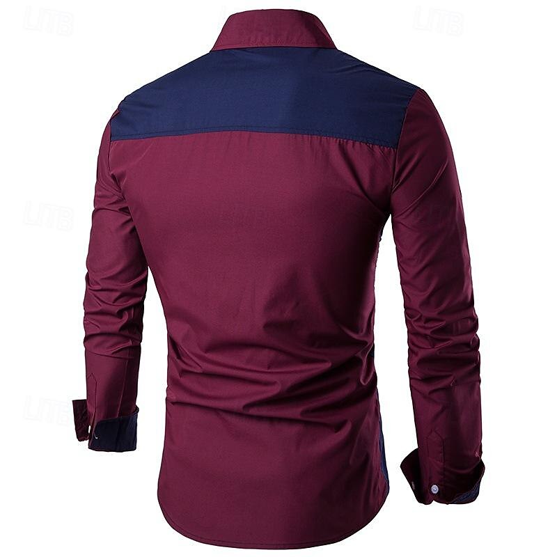 Men's Shirt Summer Shirt Casual Shirt Collared Shirt Button Up Shirt Black Wine Navy Blue Blue Long Sleeve Color Block Lapel Vacation Holiday Patchwork Clothing Apparel Polyester Fashion Casual 2025 - $19.49 –P8