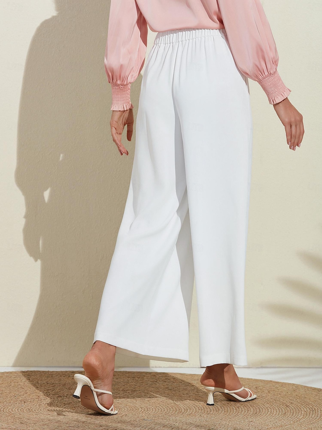 Damen Basic-Hose in Weiß, weites Bein, volle Länge, elastische Taille 2025 - $46.99 –P2