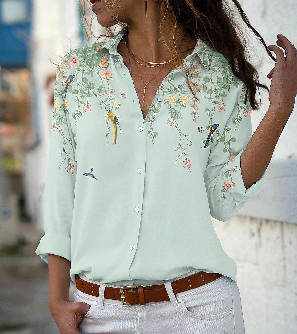 dameskjorte bluse mote blomsterknapper med lange ermer vanlige topper skjortekrage uformell ferie rosa blå grønn vår & falle 2025 - €26.99 –P1