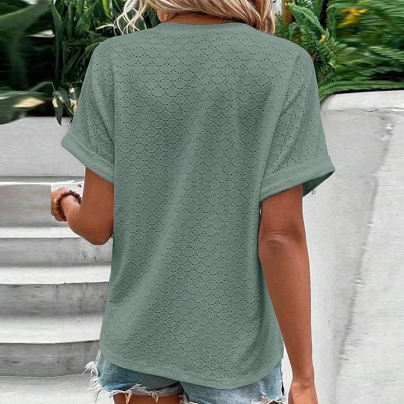 chemisier femme dentelle à œillets col en V blanc boutonné devant manches courtes haut d'été décontracté léger respirant coupe ample de 2025 ? $21.99 –P4