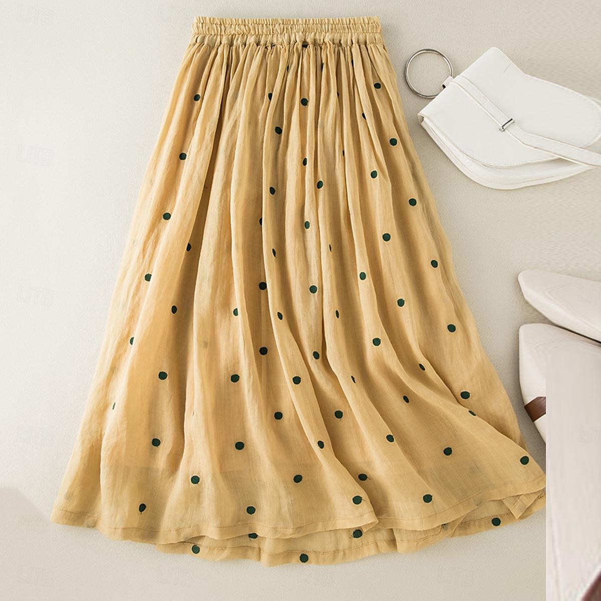 Femme Jupe Trapèze Mode Décontractées Maxi Taille haute Jupes Pois Imprimer Casual Quotidien Fin de semaine Jaune bleu marine Marron Vert Eté Coton et lin de 2025 ? $46.99 –P10