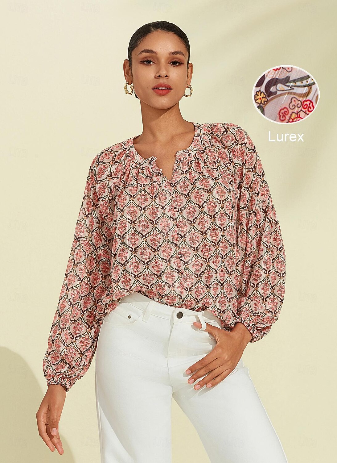 camicetta casual con maniche a sbuffo geometriche del 2025 a $61.99 –P1