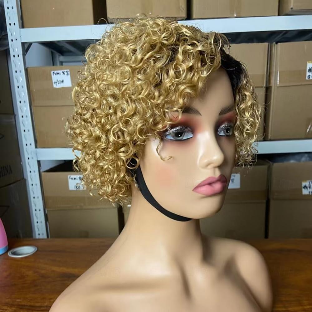Perruques de cheveux humains bouclés courts pour les femmes noires perruque de partie latérale coupe de lutin cheveux humains brésiliens remy profonds bouclés aucun avant de lacet ombre blonde de 2025 ? $78.99 –P4