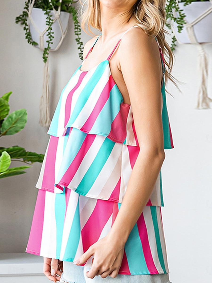 Débardeur Femme à Bretelles Débardeur Mode Streetwear Moderne Rayé Volant Imprimé Superposé Sans Manches Tops Réguliers Col V Décontracté Plage Jaune Violet Fuchsia Orange Vert Été de 2025 ? $18.99 –P1