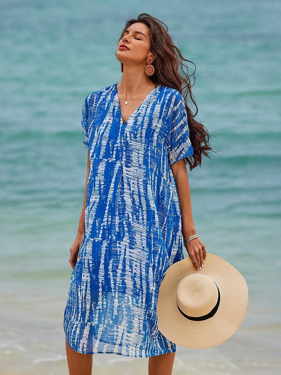 Damskie Sukienka midi Sukienka tunika Moda miejska Elegancki Maxi Urlop Ulica Święto Luźna Wzór tie-dye Krótki rękaw W serek Niebieski Lato 2025 - $51.99 –P4