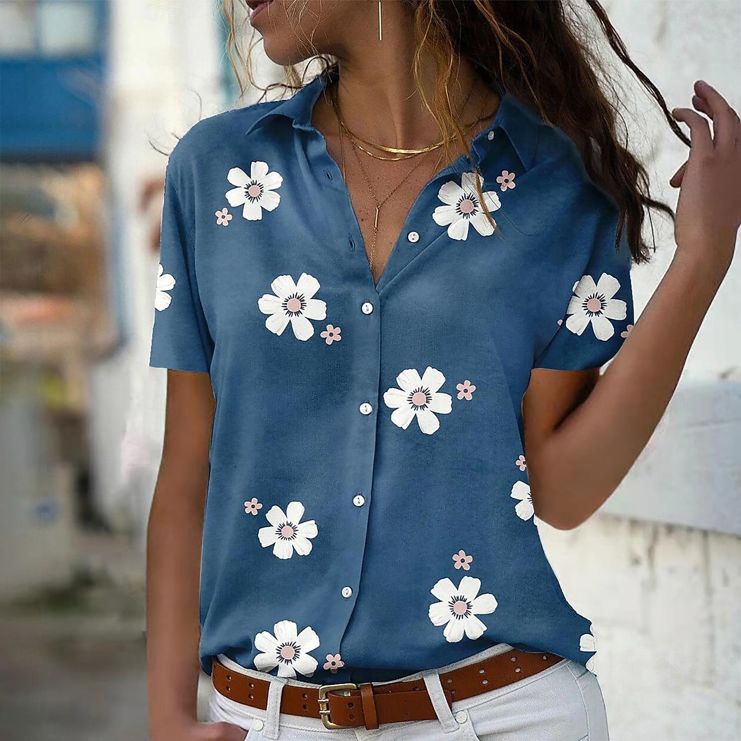 dames casual bloemenprint overhemd korte mouw reverskraag blauwe regular fit mode blouse voor lente zomer dagelijks gebruik 2025 - $21.99 –P1