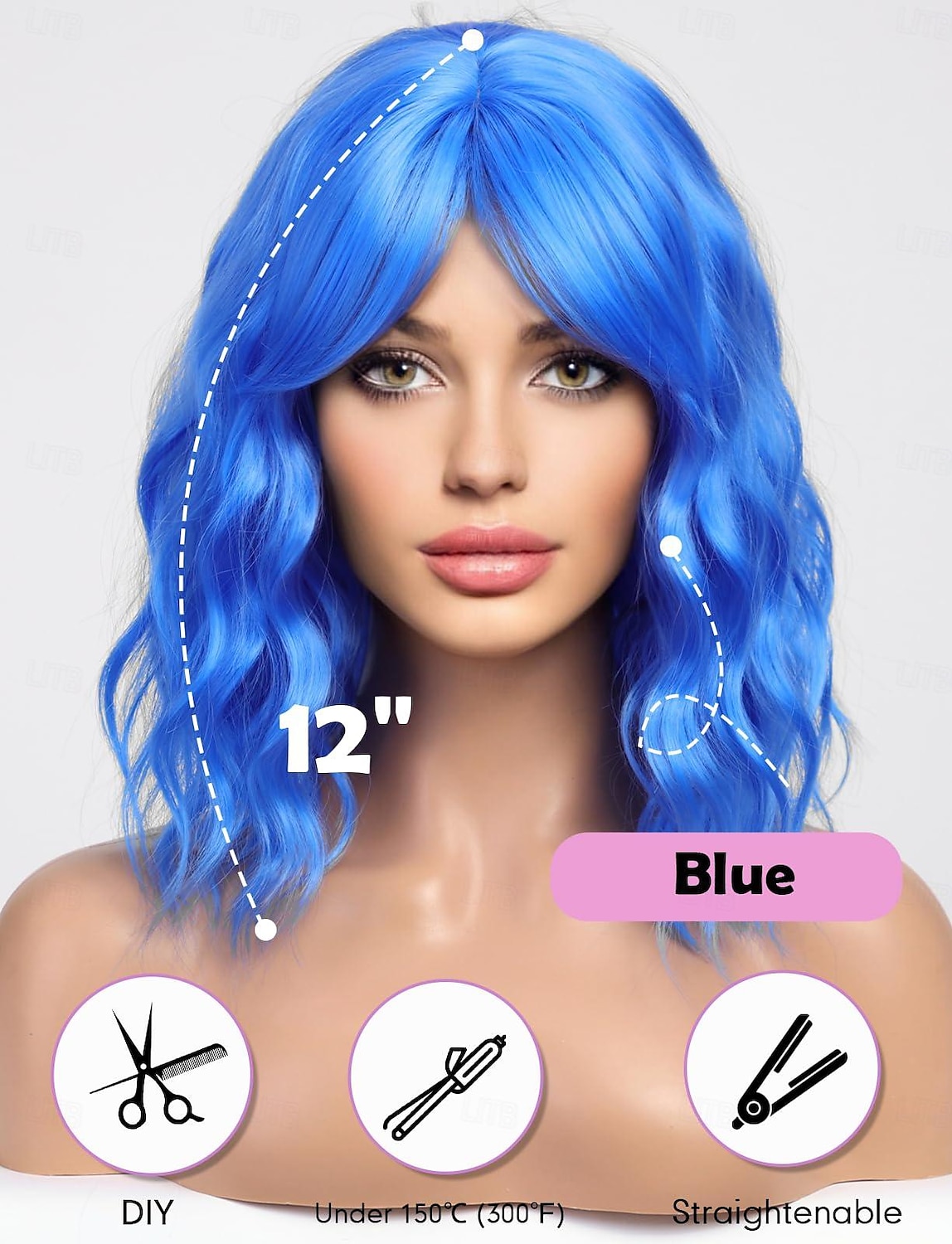Blaue gewellte Bob-Perücken für Frauen, Kunsthaarperücke mit Pony für den täglichen Gebrauch, Karnevalsperücken 2025 - $18.49 –P4