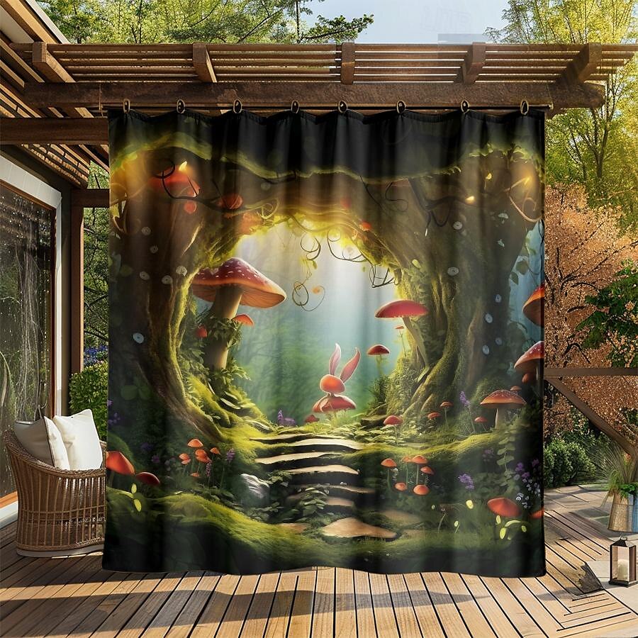 Wasserdichter Outdoor Vorhang Außenvorhang für Privatsphäre, Außenjalousien, verschiebbare Terrassenvorhangvorhänge, Pergolavorhänge mit Ösen, Pilzwald für Pavillon, Balkon, Veranda, Party 2025 - $28.99 –P12
