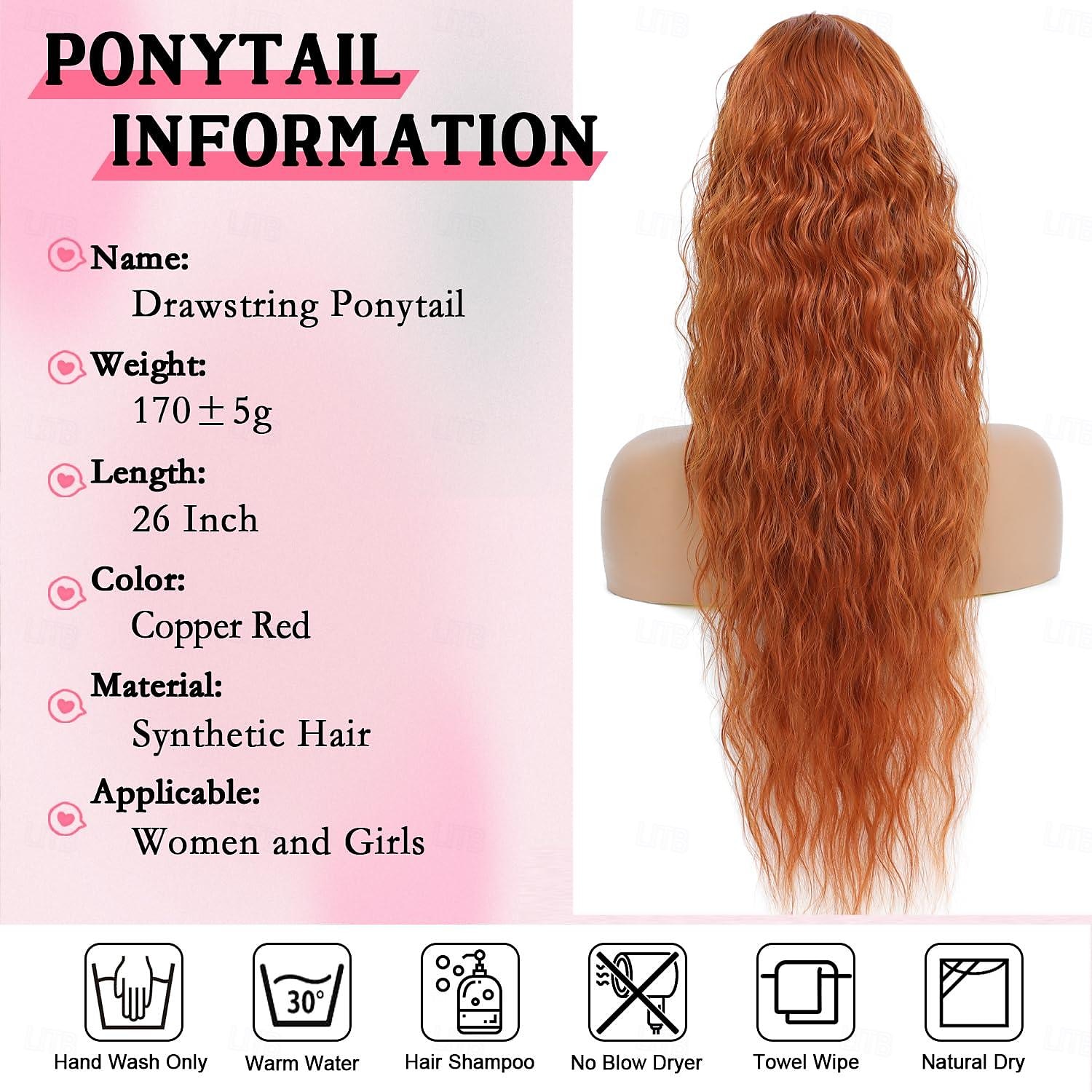 Cordon queue de cheval extensions de cheveux cuivre rouge longue bouclée ondulée queue de cheval naturel ondulé postiches synthétiques pour les femmes de 2025 ? $11.99 –P4