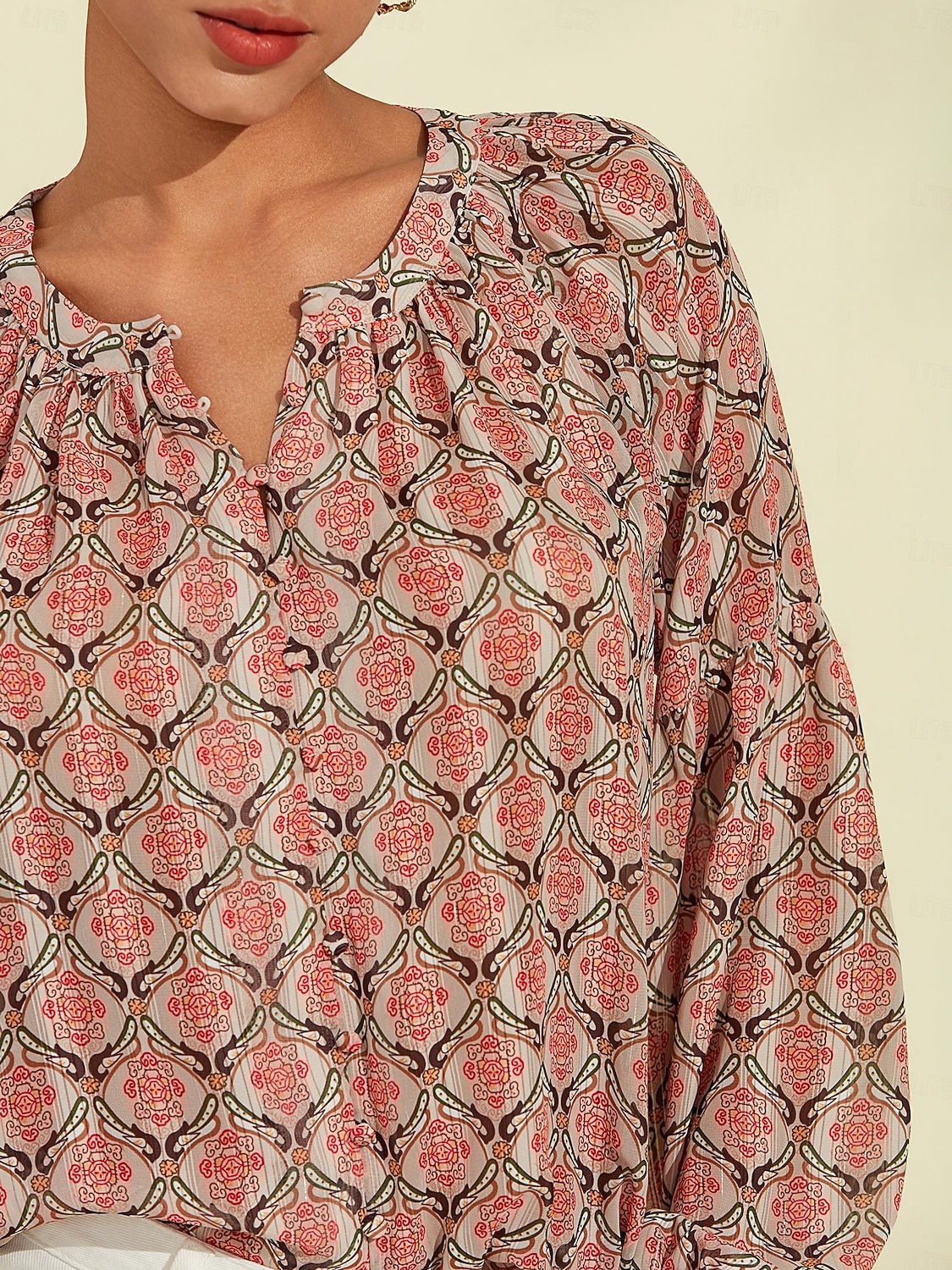 camicetta casual con maniche a sbuffo geometriche del 2025 a $61.99 –P3