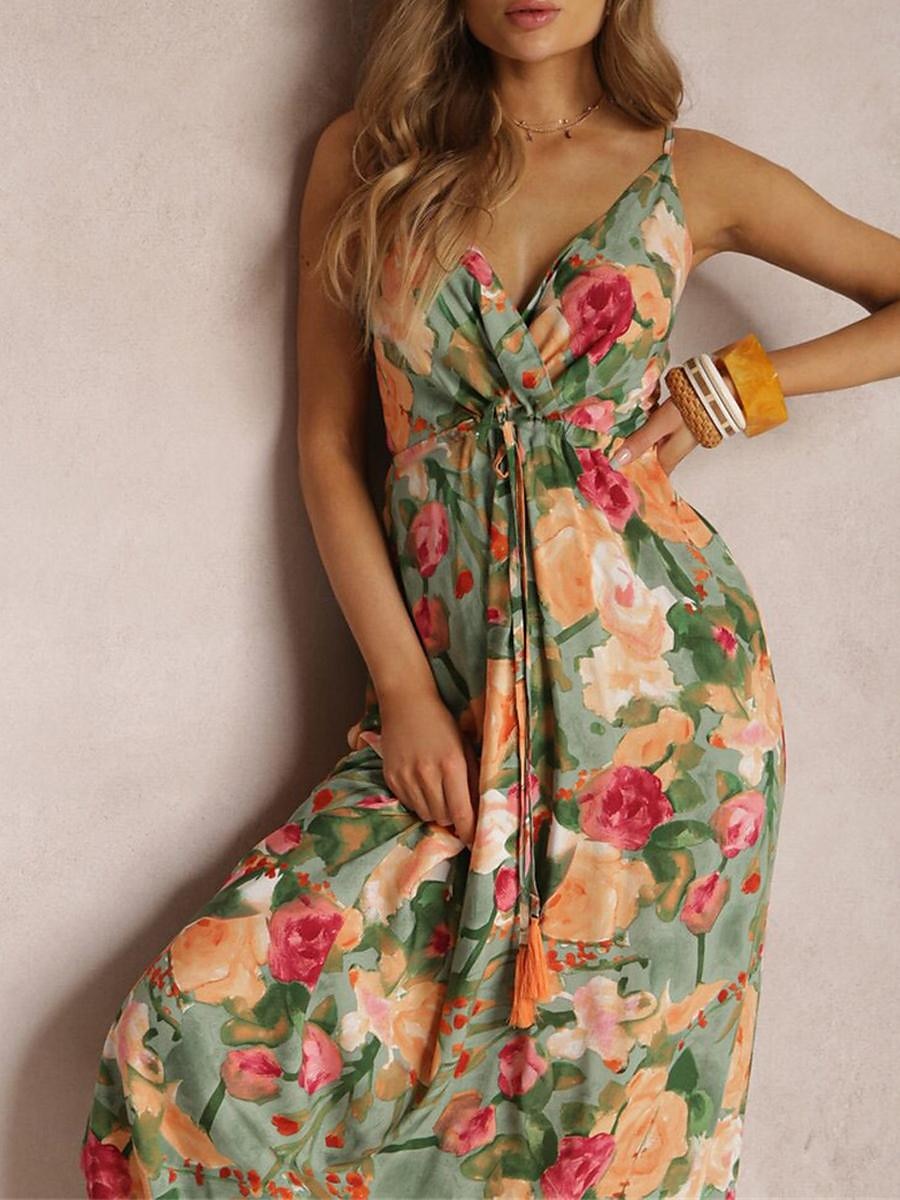 Damen Freizeitkleid Unterkleid Blumen rückenfrei Print Träger langes Kleid Maxikleid Hawaii Urlaub Strand ärmellos Sommer 2025 - $41.99 –P1