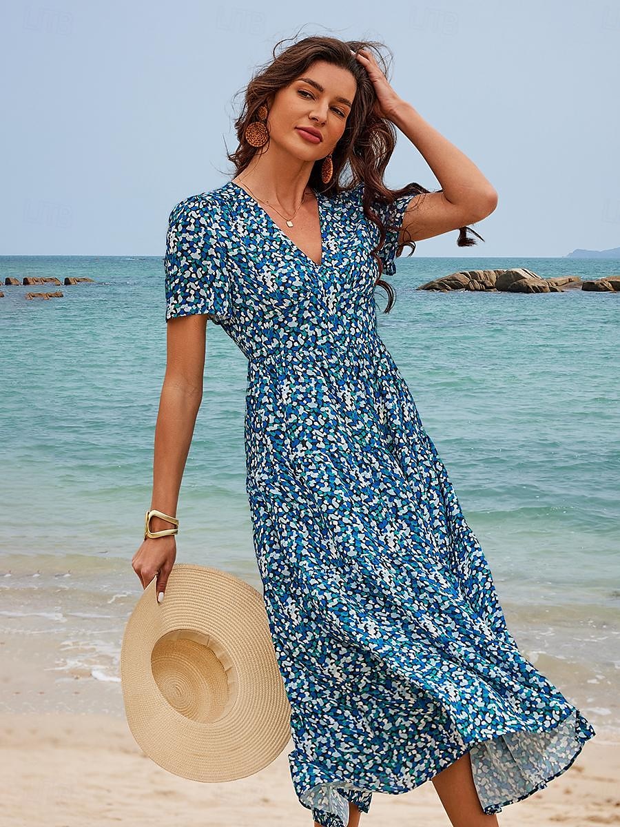robe mi-longue pour femme à manches courtes col en V imprimé floral style bohème vêtements de plage confortables pour vacances bleu blanc été printemps vêtements de 2025 ? $39.99 –P3