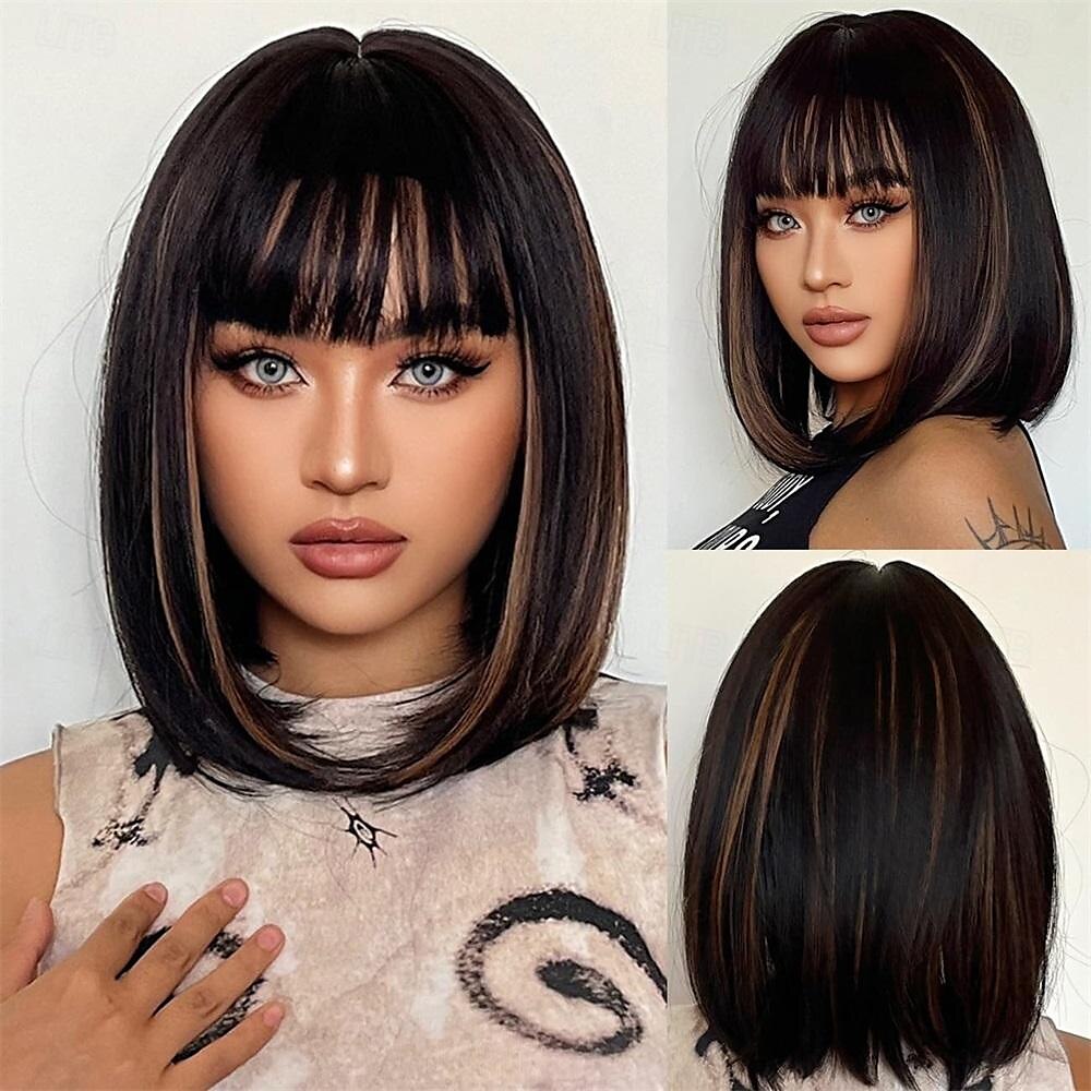 parrucca bionda castano bob ombre con frangia parrucche corte diritte naturali per donne parrucche sintetiche lunghe fino alle spalle per cosplay quotidiano del 2025 a $18.99 –P10