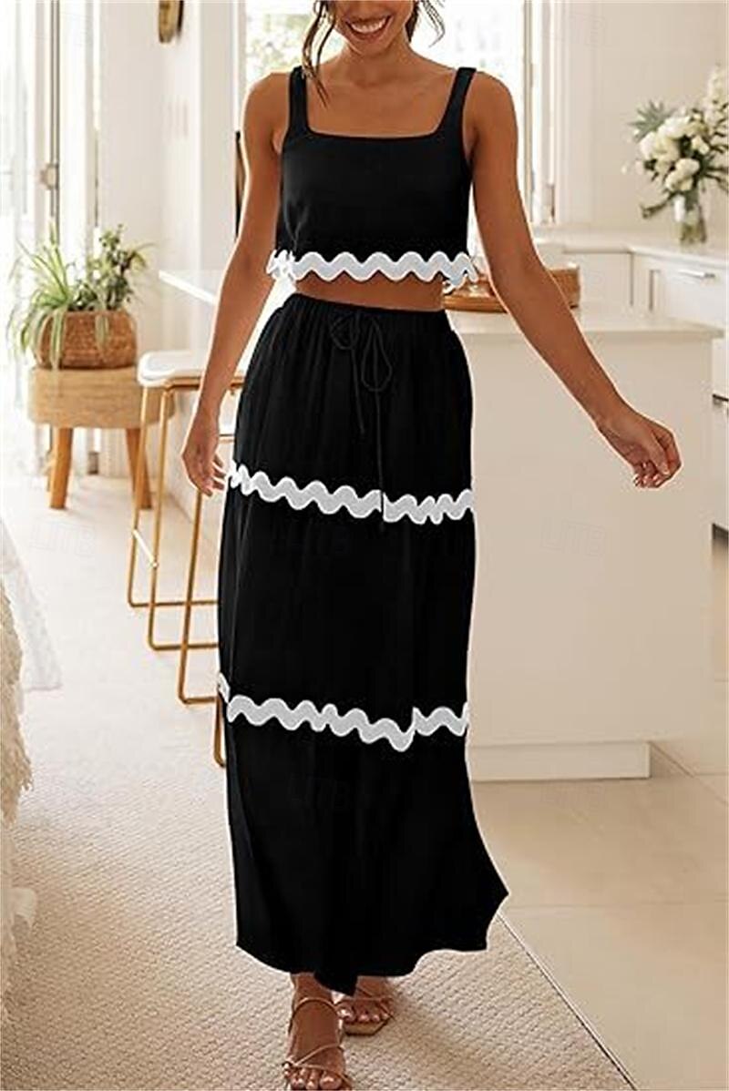 Women's Dress Set Casual Dress Skirt Set Print Dress Fashion Modern Stripe Print Long Dress Maxi Dress Sleeveless Strap Outdoor Date Black White Red Summer Regular Fit 2025 - $44.99 –P3