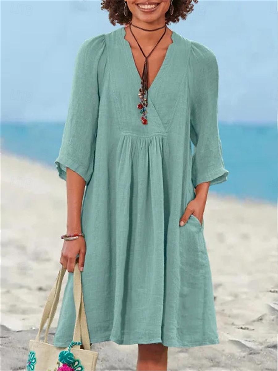 Damen Grün Sommer Frühling Minikleid Leinen-inspirierte Kleider Freizeitkleid Basic Modern Täglich Wochenende Lässiger Schnitt Einfach V Ausschnitt 2025 - $36.99 –P1