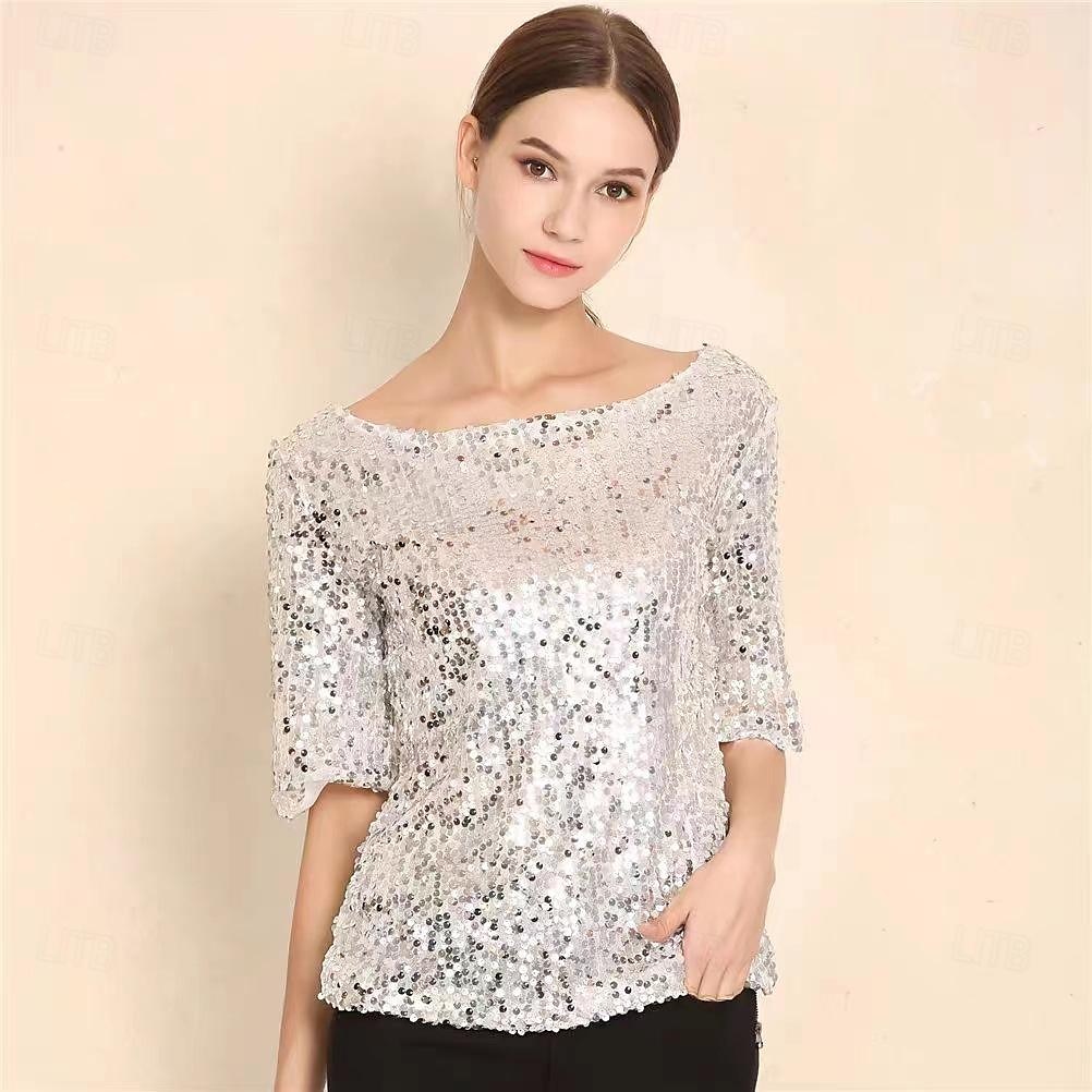 Retro Vintage Disco 1980s T-shirt Sequins Round Neck Women's Carnival Masquerade Party Bachelorette Party Adults T-shirt 2025 - $22.99 -P5