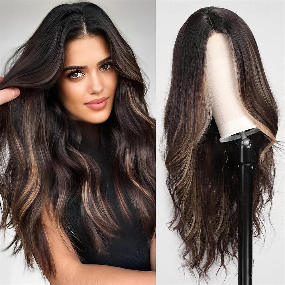 Parrucca ondulata lunga marrone con riflessi per le donne Parrucca ondulata riccia con parte centrale Parrucca in fibra sintetica resistente al calore dall'aspetto naturale per l'uso quotidiano nelle del 2025 a $25.99 –P1