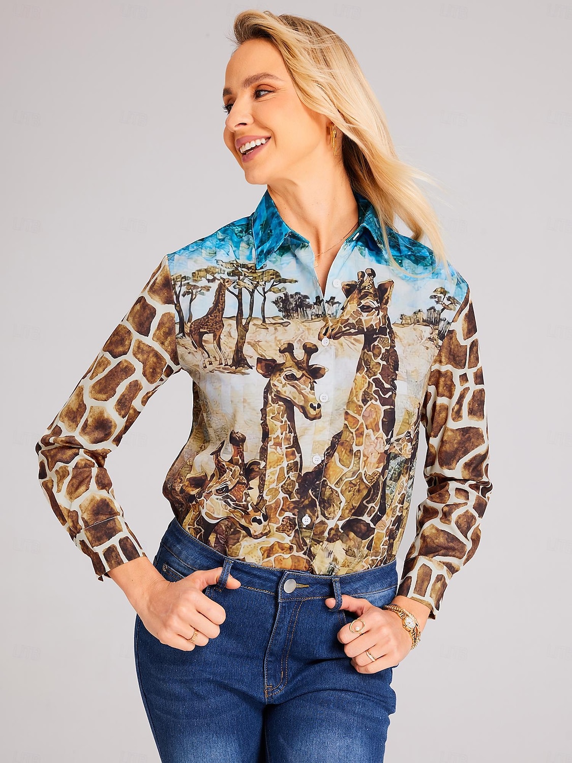 Camicia da donna Marrone Animale Giraffa Bottoni Stampa Maniche Lunghe Quotidiano Weekend Camicia Base Collo Regolare S del 2025 a $23.99 –P5