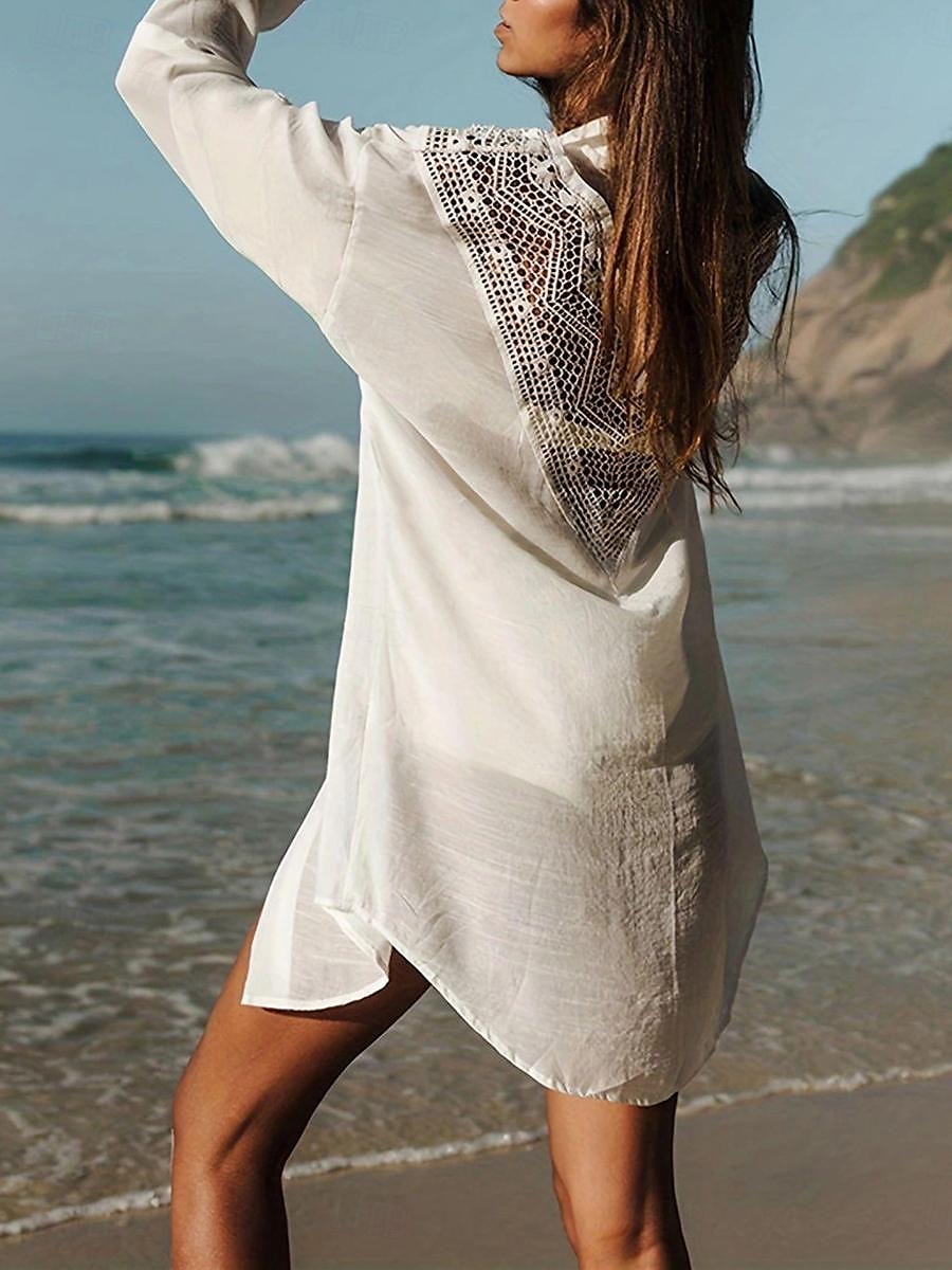 Pentru femei Rochie Mini Rochii inspirate din in Rochie albă Rochii Tip Cămașă Șal Hawaiană Vacanță Concediu Plajă Potrivire Largă Manșon Lung Guler Cămașă Negru Alb Vară 2025 - $32.99 –P6