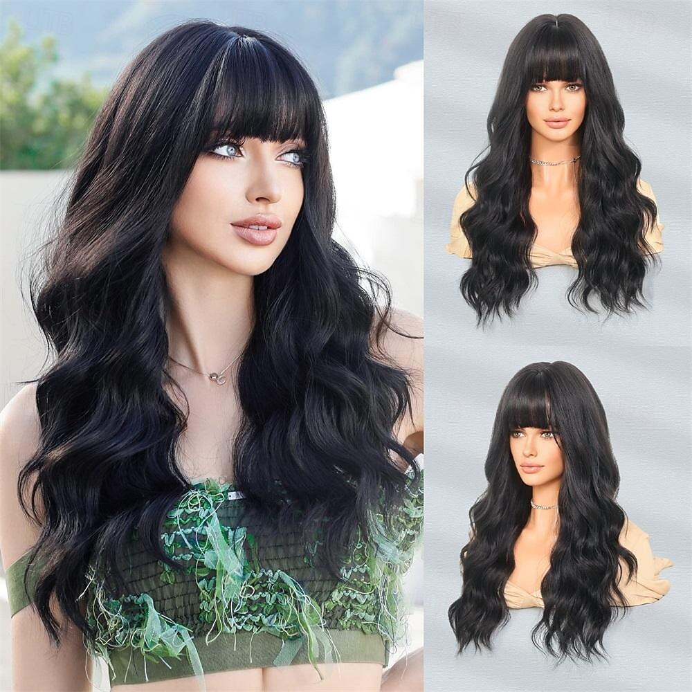 lunghe parrucche ondulate viola con frangia 26 pollici ricci sintetici parrucche ombre resistenti al cuore per le donne cosplay di feste quotidiane usate del 2025 a $21.99 –P4