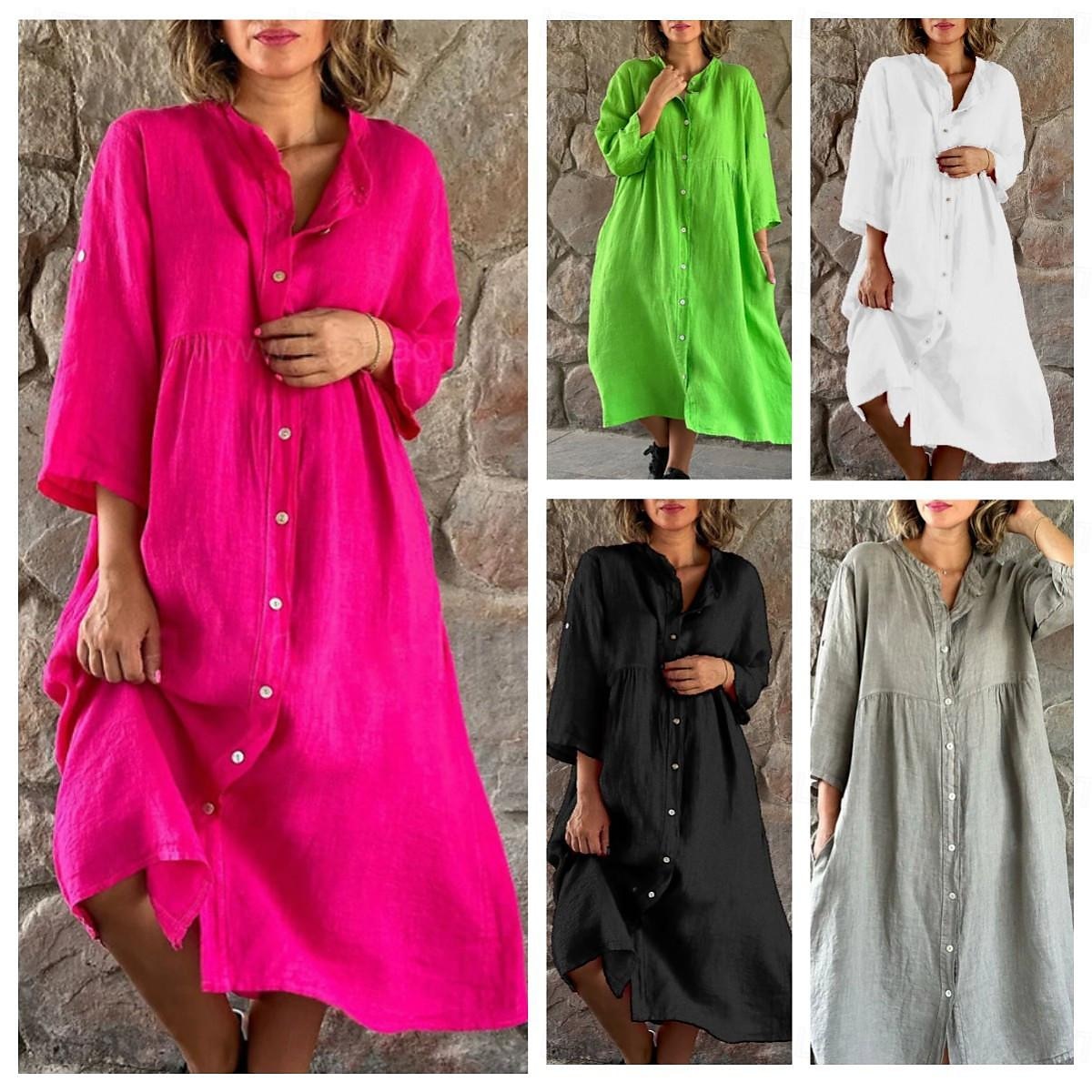 Women's Black White Yellow Summer Spring Midi Dress Linen-Inspired Dresses Shirt Dress Casual Dress Basic Modern Daily Weekend Loose Fit Plain Shirt Collar 2025 - $38.99 –P1