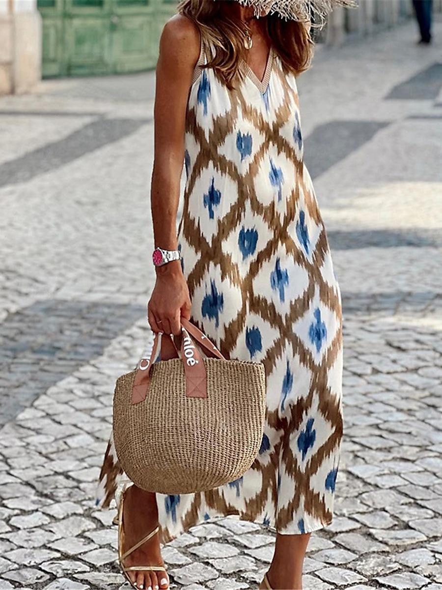 Femme robe longue Robe casual Robes bohème chic robe boheme Vêtement de rue Vacances Plein Air Standard Géométrique Bloc de couleur Sans Manches Col V Marron Eté de 2025 ? $39.99 –P5