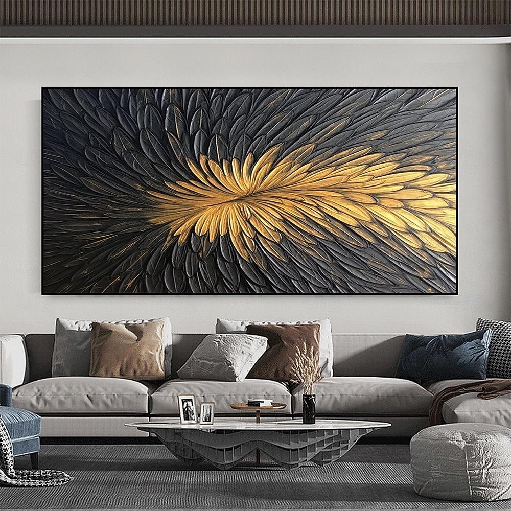 Handgemaltes abstraktes Federölgemälde auf Leinwand, handgemaltes modernes Wandgemälde in Gold und Schwarz für Wohnzimmer, Schlafzimmer, Wanddekoration, individuell strukturiertes Gemälde 2025 - $69.99 –P3