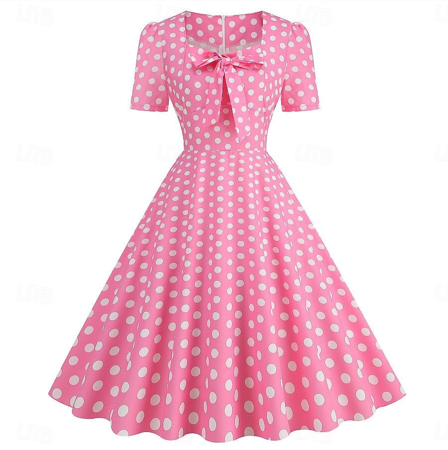 Retro 50. léta Rockabilly Ke kolenům Šaty Houpací šaty Flare šaty Kostkovaný Vzor gingham Puntíkované Dámské Karneval Plesová maškaráda Dovolená Na den Retro tematická párty Dospělí Šaty Jaro léto 2025 - $24.99 –P15