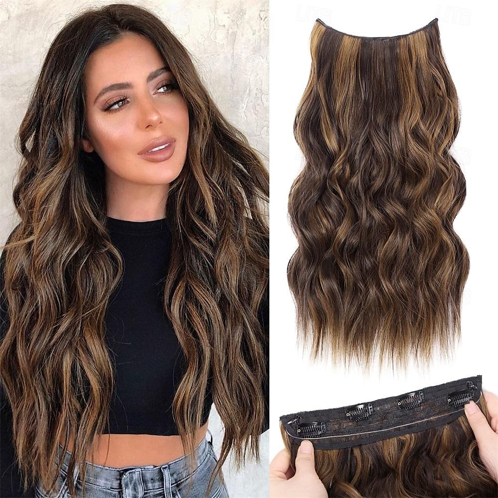 Extensiones de cabello de alambre invisible con 4 clips seguros, diadema transparente, postizos sintéticos ondulados largos de tamaño ajustable para mujeres 2025 - $11.99 –P4