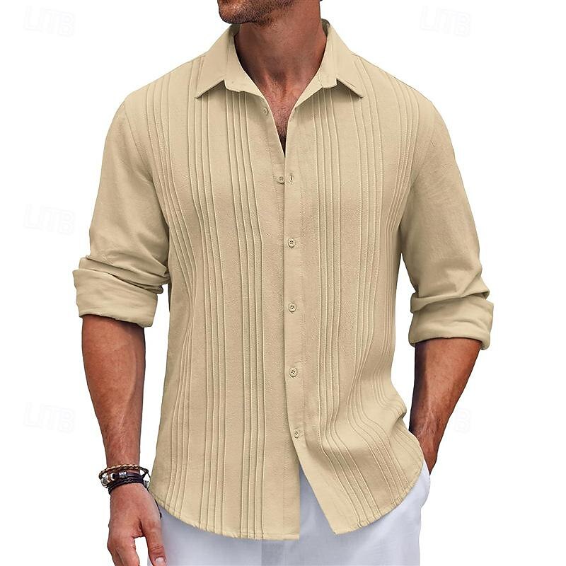 Men's Shirt Summer Shirt Casual Shirt Beach Shirt Button Up Shirt Black White Navy Blue Blue khaki Long Sleeve Plain Turndown Vacation Holiday Button-Down Clothing Apparel Polyester Fashion Casual 2025 - $28.99 –P7