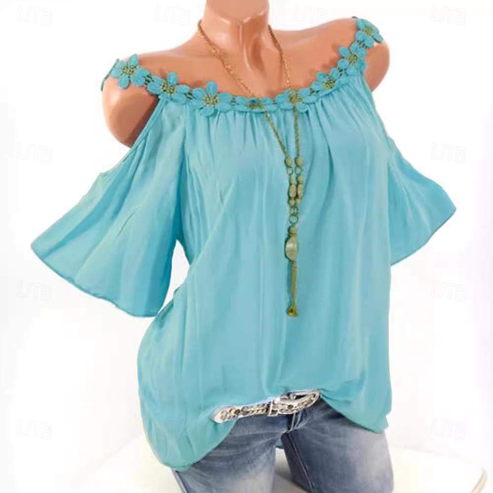 Overhemd Kanten overhemd Blouse Dames Wit Blozend Roze Leger Groen Effen Koude schouder Straat Dagelijks Modieus Ronde hals Normale pasvorm S 2025 - $21.99 –P5