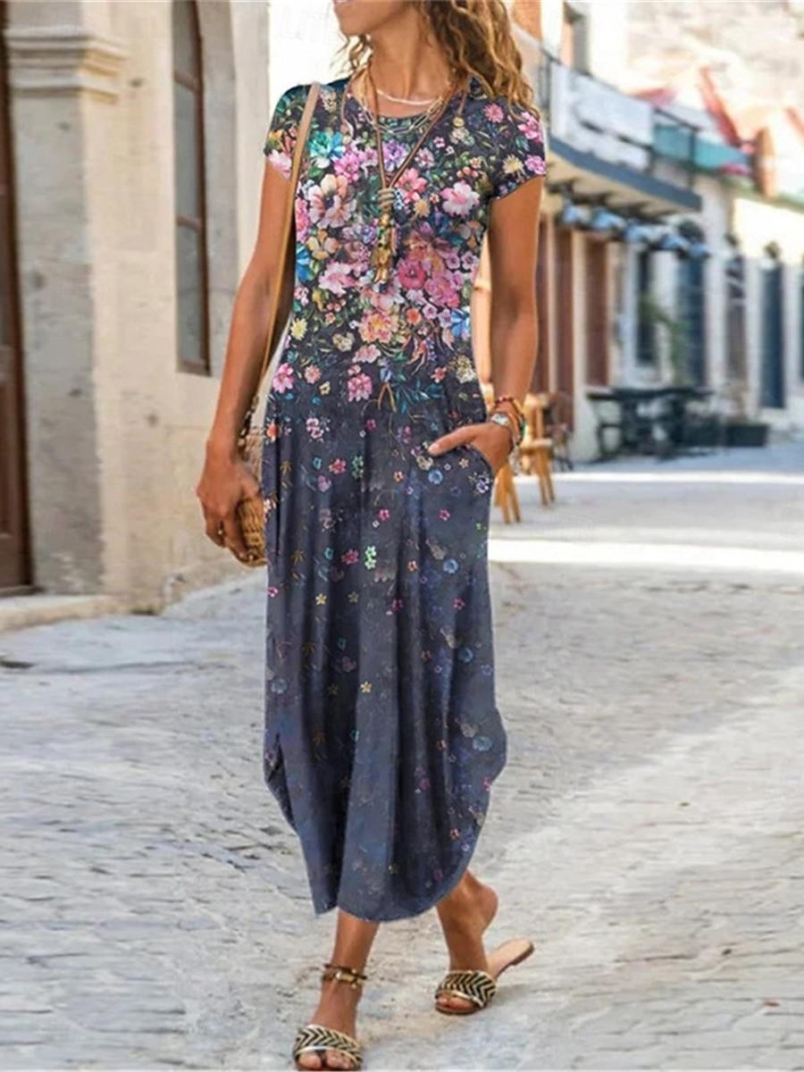 floral dress for beach party boho dress women Women's Floral Boho Dress Half Sleeve V Neck Beach Party Dress, Apricot / L