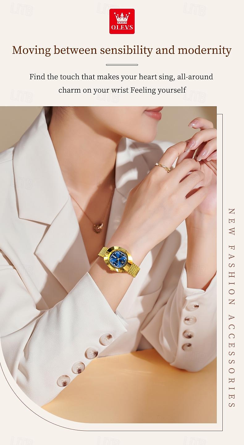 OLEVS Women's Watches Luxury Gold Large Dial Original Wristwatch for Girl Waterproof Luminous Fashionable Diamond Dial Date Week 7017 2025 - $46.99 –P3