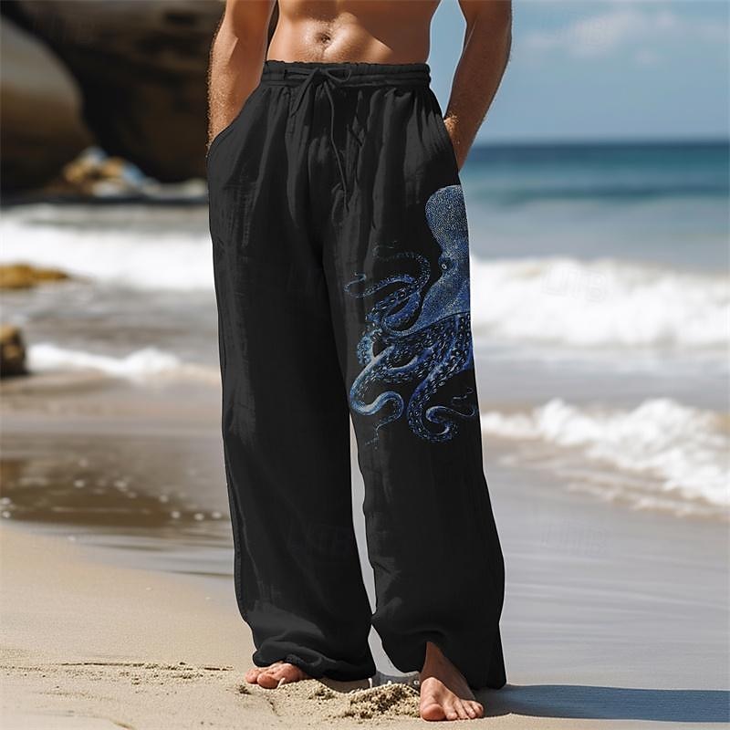 Men's Octopus Linen Pants Pants Trousers Baggy Pants Mid Waist Vintage Outdoor Daily Wear Streetwear Side Pockets Elastic Drawstring Design Black White Blue 2025 - $28.99 –P5