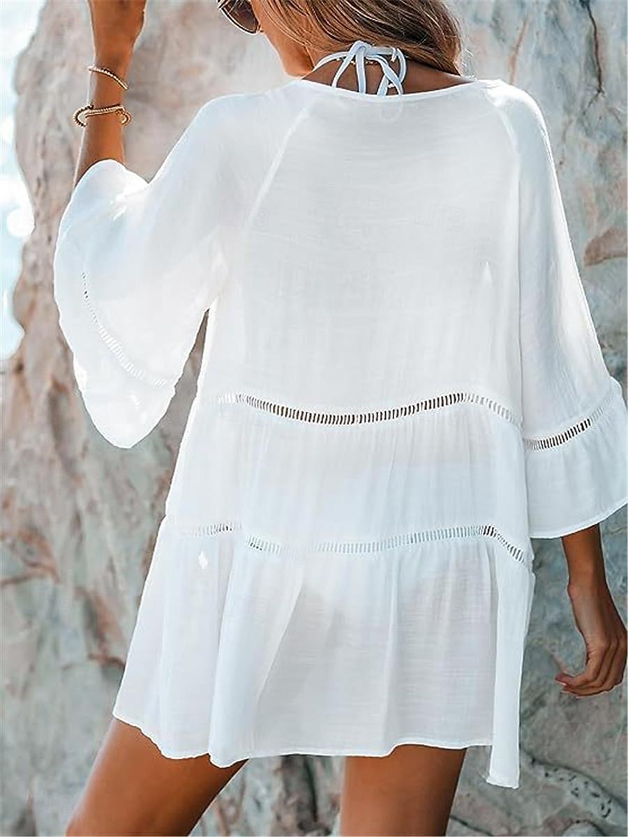 Women's Mini Dress Linen-Inspired Dresses White Dress Casual Dress Summer Dress Basic Vacation Holiday Beach Loose Fit 3/4 Length Sleeve V Neck White Summer 2025 - $22.99 –P4