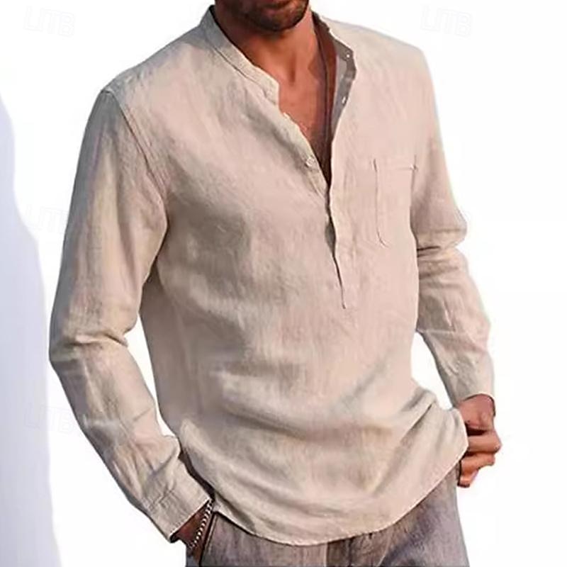 Camisas popover para hombre, color negro, azul marino, manga larga, lisas, estilo Henley, para vacaciones, estilo hawaiano, moda, informal, transpirable. 2025 - $19.49 –P2