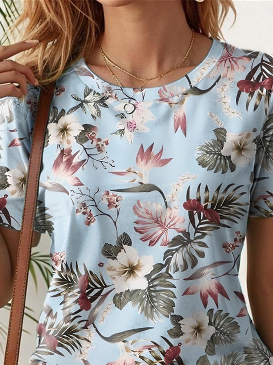 t-shirt femme mode imprimé floral manches courtes hauts réguliers col rond quotidien week-end blanc jaune bleu violet été de 2025 ? $19.99 –P2