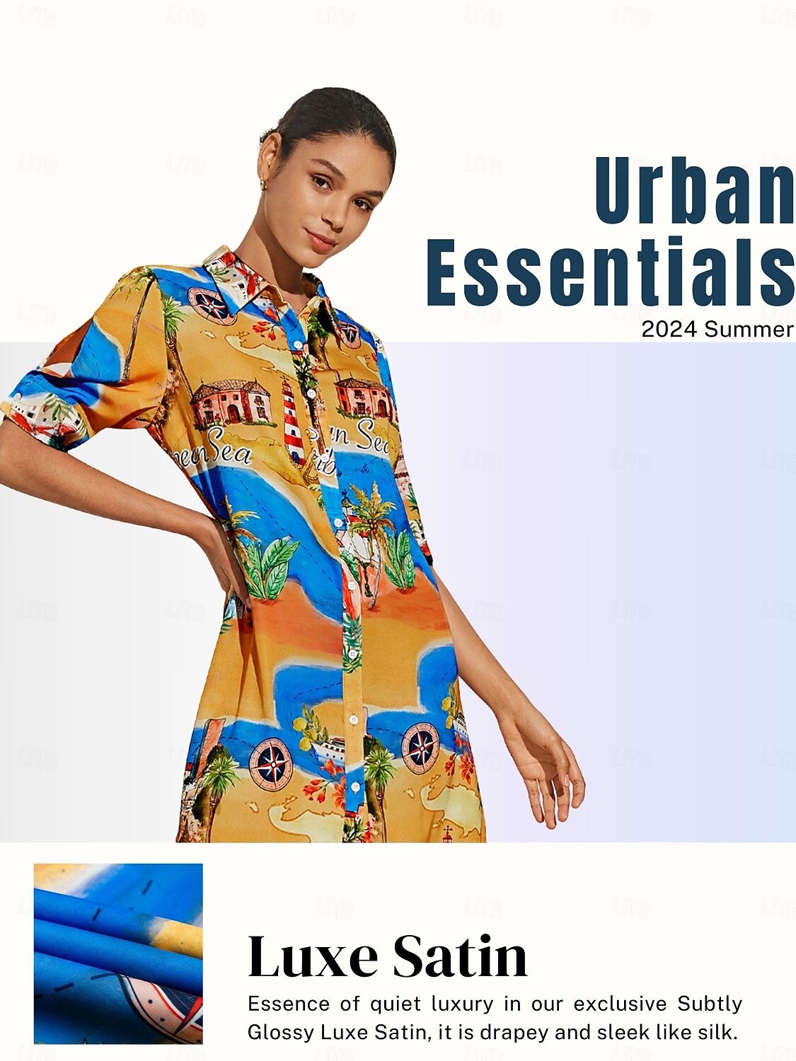Vestido curto de cetim com estampa gráfica de mapa costeiro de 2026 por $91.99 –P1
