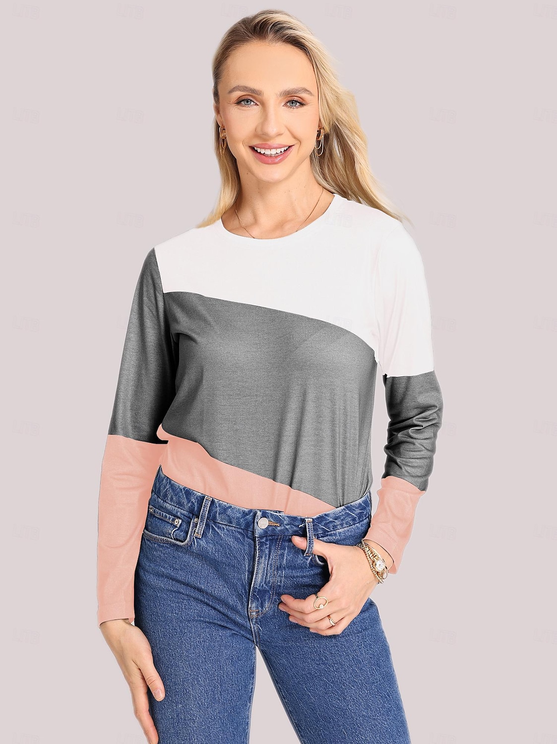 2025年 女性用 Tシャツ カラーブロック 日常 ベーシック 長袖 ラウンドネック レギュラートップス 日常 週末 プリント ピンク ブルー グリーン カーキ色 秋冬 コレクション – $3.79 –P7
