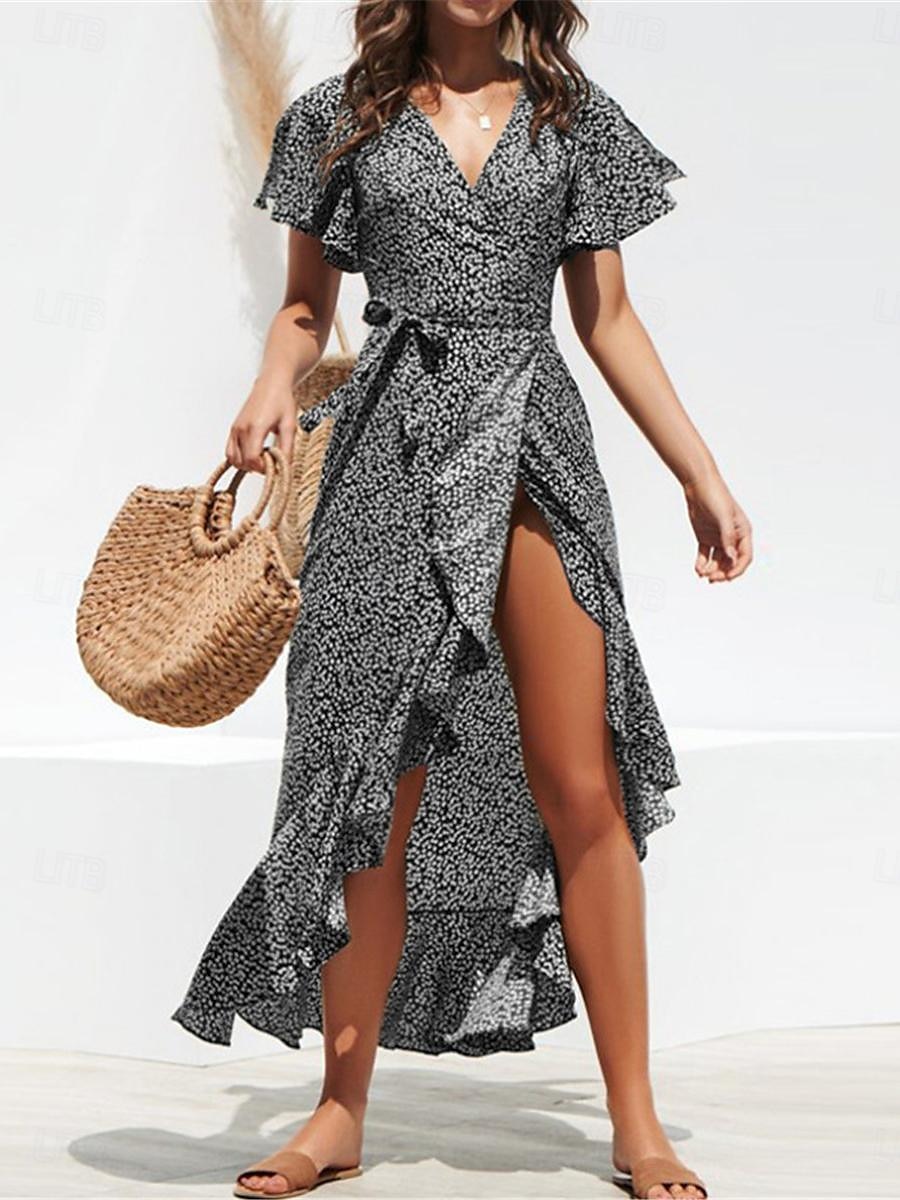 robe décontractée pour femme robe portefeuille à pois à lacets à volants col en V robe longue robe maxi vacances manches courtes été de 2025 ? $33.99 –P3