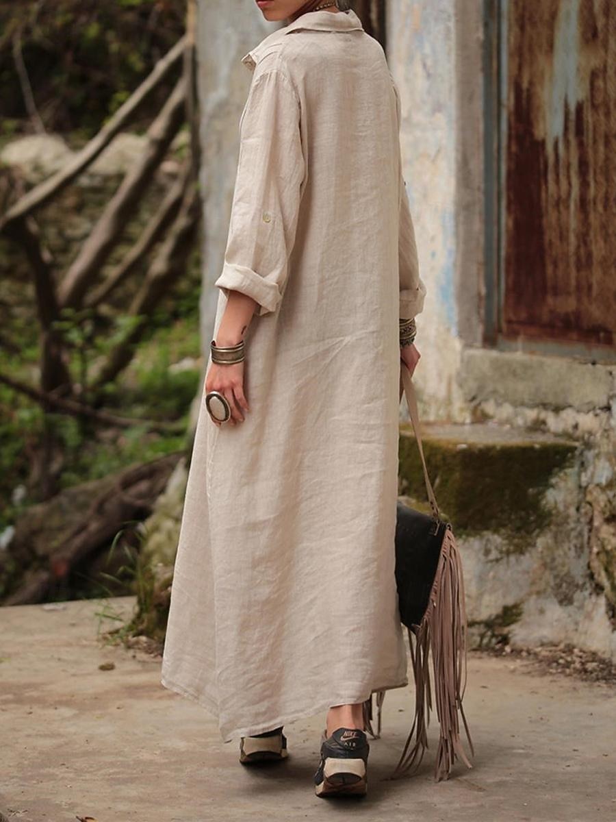 Damen Maxikleid Shiftkleid Hemdblusenkleid Baumwoll-Leinen-Kleider Freizeitkleid Basic Modern Täglich Wochenende Lässiger Schnitt Einfach Langarm Hemdkragen Armeegrün Aprikose Sommer Frühling 2026 - CAD $68.99 –P8