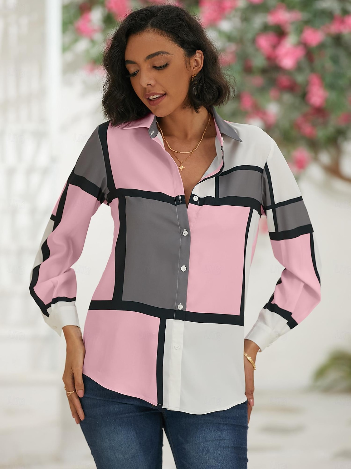 Camicia Donna Moda Flanella Stampa Bottoni Maniche Lunghe Top Regolari Collo Camicia Casual Rosa Viola Primavera Autunno del 2025 a $32.99 –P9