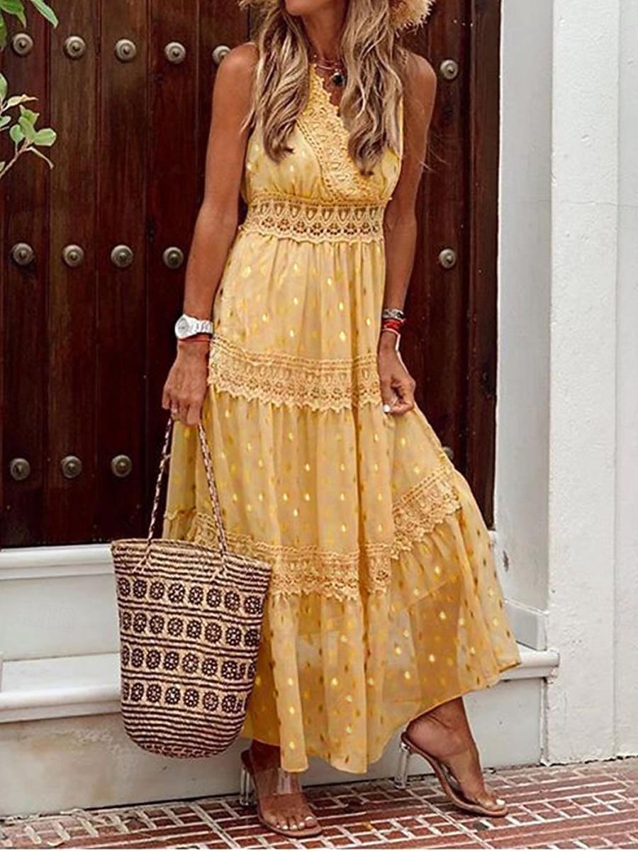Per donna Abito Lungo Maxi Abito Abito in Pizzo Abito Bianco Abito a trapezio Abito Semplice Essenziale Boho Linea A Spiaggia Vacanza Ferie Vestibilità regolare Senza Maniche Scollo a V Bianco Giallo del 2026 a $37.99 –P4