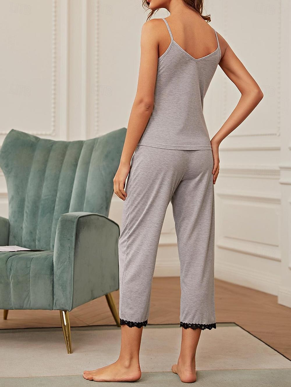 pigiama da donna set colore puro comfort casa quotidiano letto traspirante cinturino top pantaloni estate casa abiti del 2026 a $27.99 –P4
