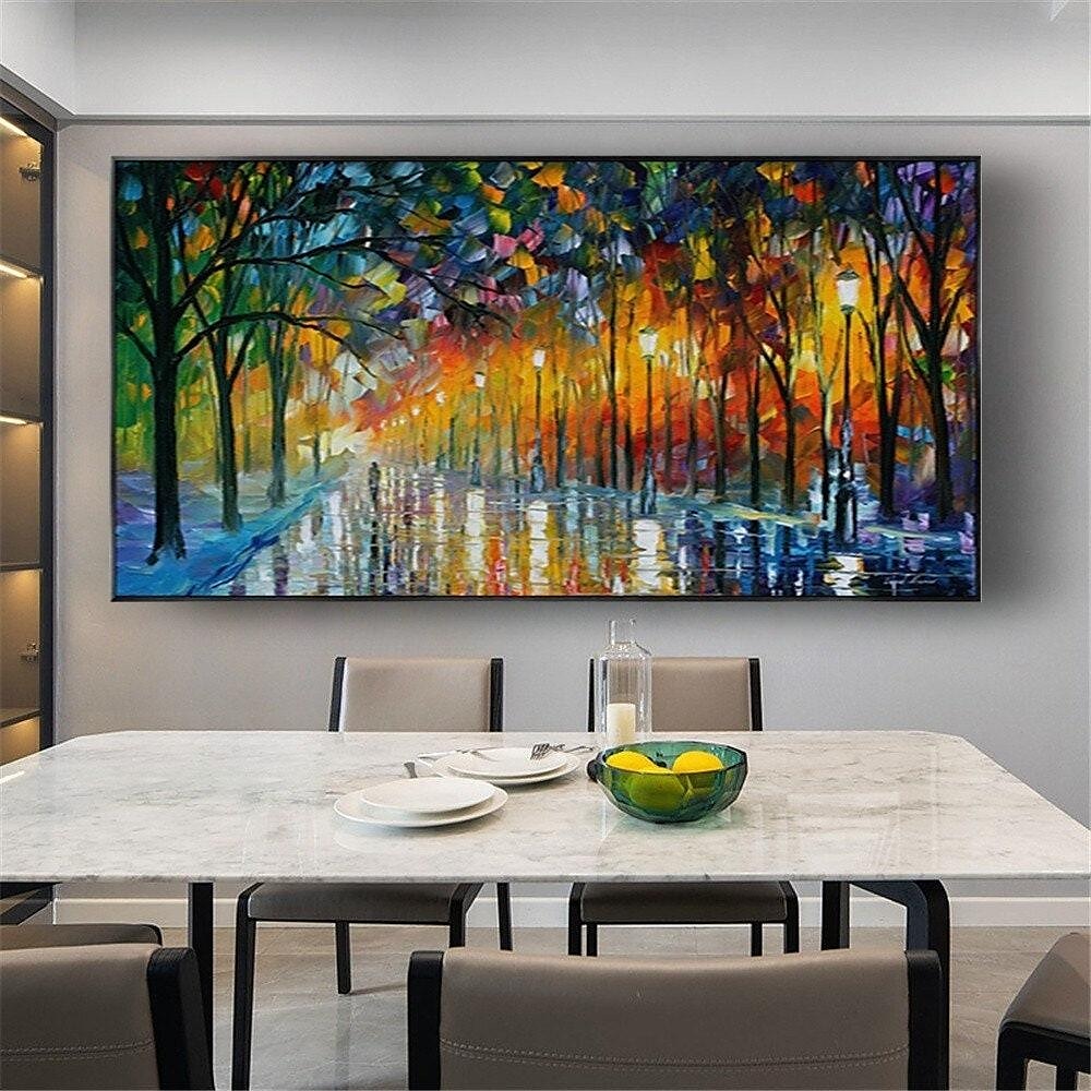 Streichmessergemälde, handgemaltes Paar mit Regenschirm, das unter den Lichtern der Bäume läuft, Ölgemäldeeffekt, aufrollbare Leinwandkunst, Wandkunst, Gemälde, Straße, Spaziermesser, 2025 - $66.99 –P4