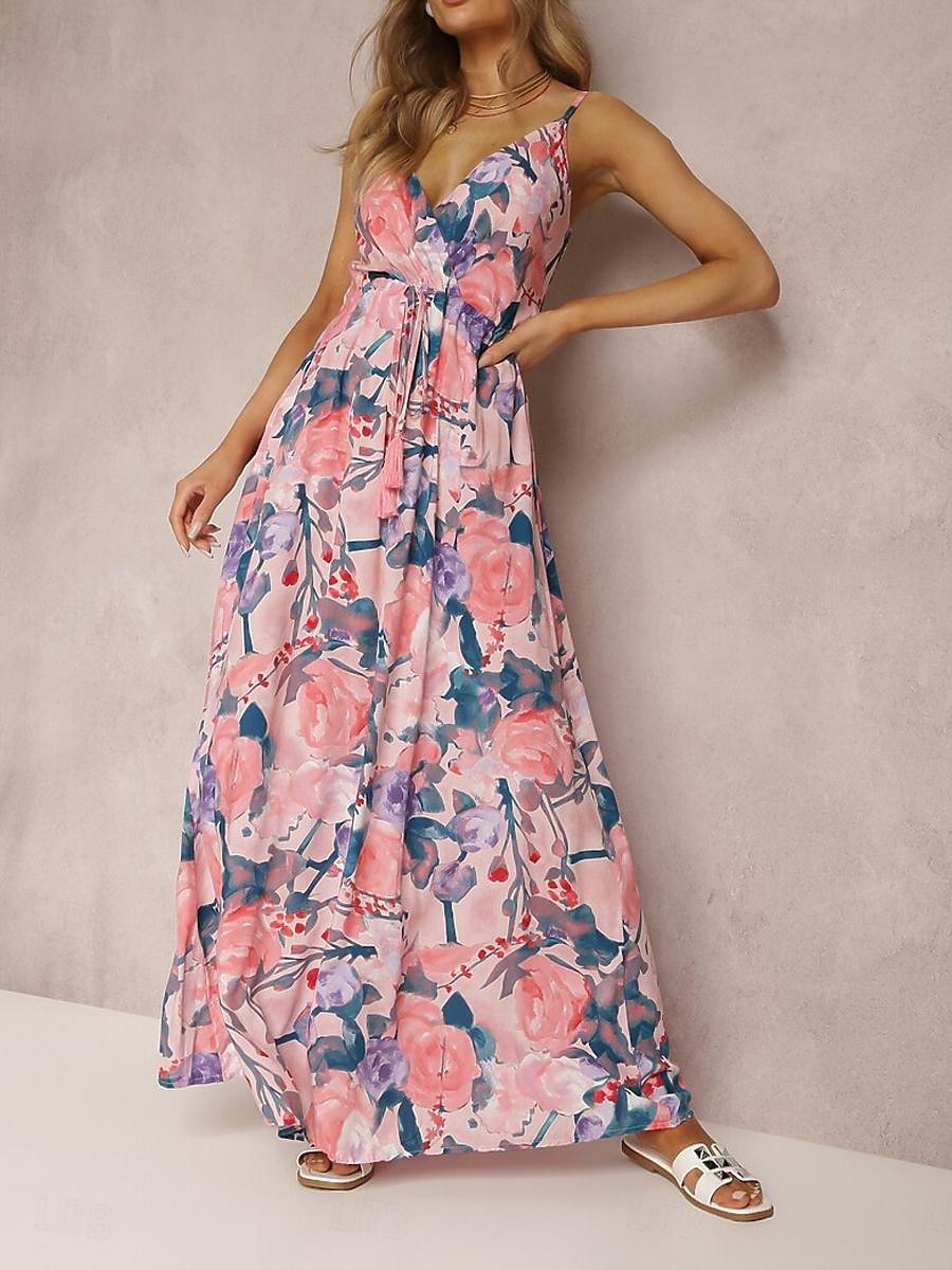 Damen Freizeitkleid Unterkleid Blumen rückenfrei Print Träger langes Kleid Maxikleid Hawaii Urlaub Strand ärmellos Sommer 2025 - $41.99 –P5