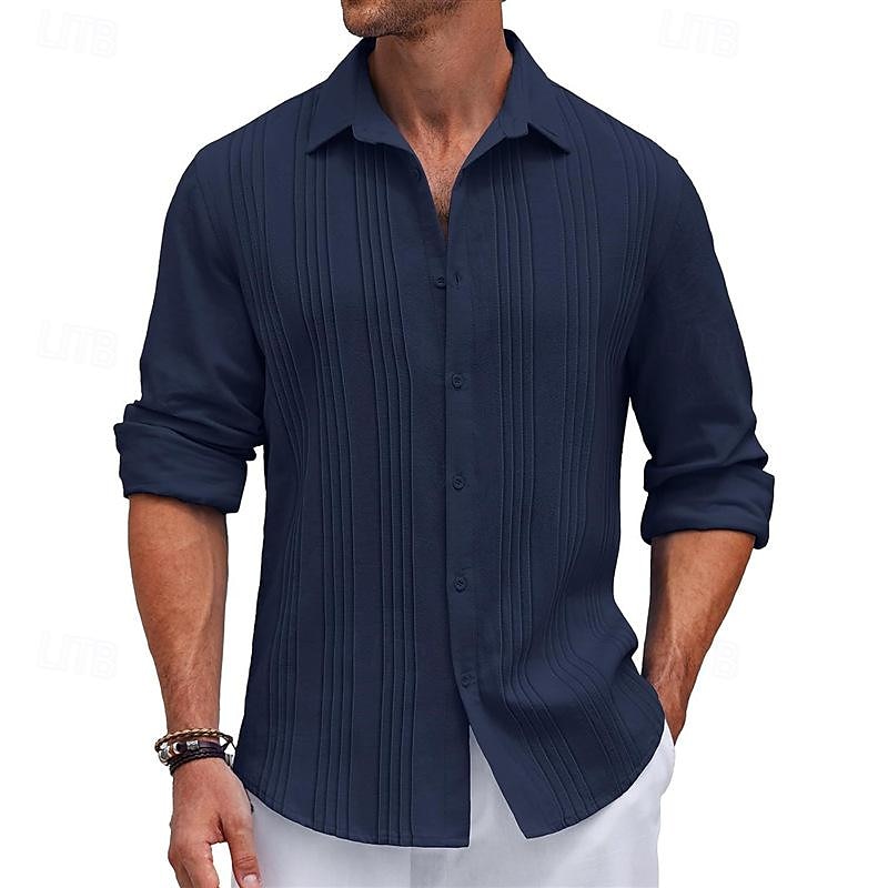 Men's Shirt Summer Shirt Casual Shirt Beach Shirt Button Up Shirt Black White Navy Blue Blue khaki Long Sleeve Plain Turndown Vacation Holiday Button-Down Clothing Apparel Polyester Fashion Casual 2025 - $28.99 –P5