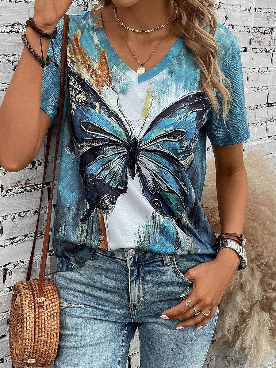 Damen T Shirt Schmetterling Modisch Kurzarm V Ausschnitt Normale Oberteile Casual Täglich Bedruckt Blau Sommer 2025 - $19.99 –P2