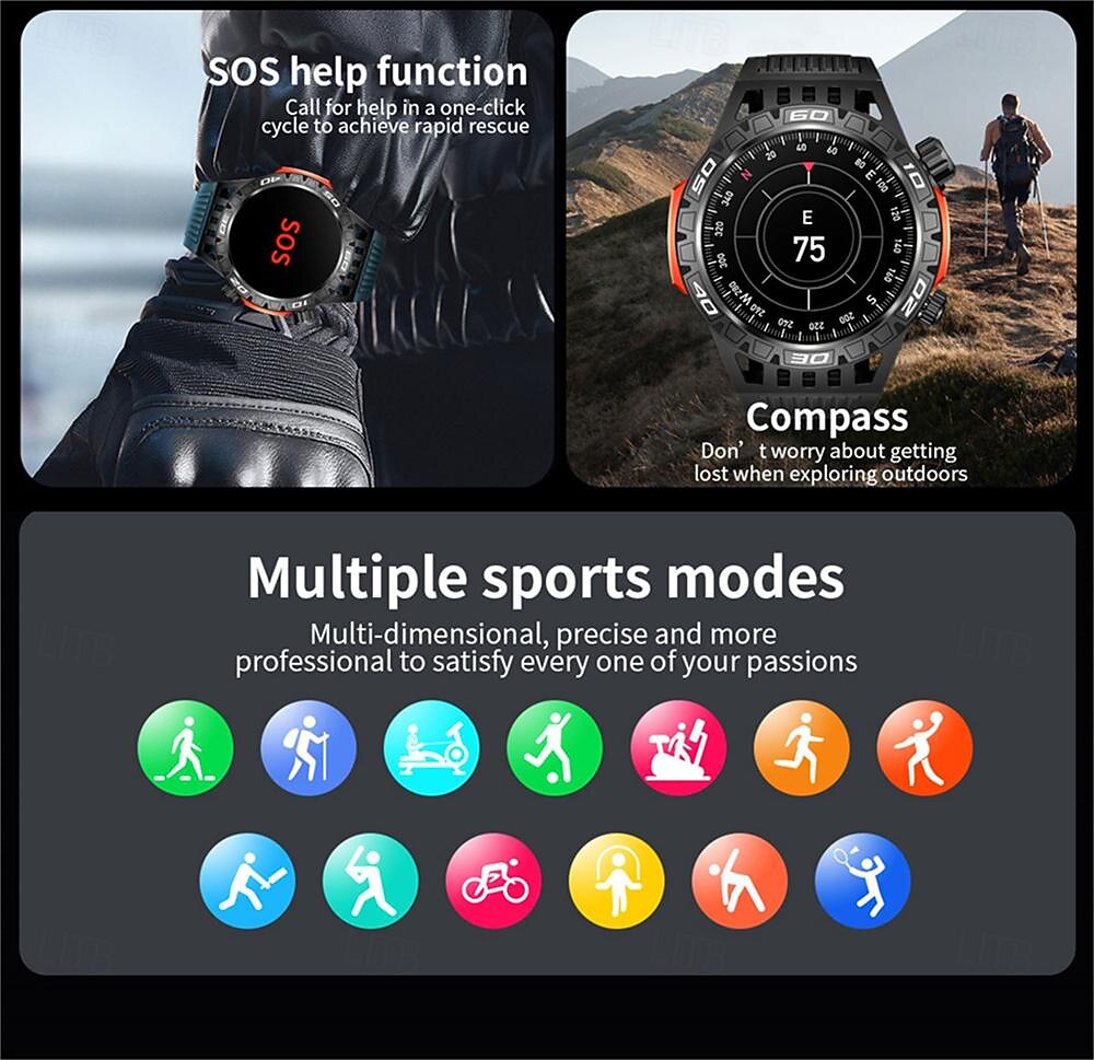 ceas inteligent ht22 ecran de 1,46 inchi apel bluetooth ip68 lanternă cu led rezistentă la apă baterie mare 100 sport gps pistă de fitness ceas inteligent 2025 - $46.99 -P3